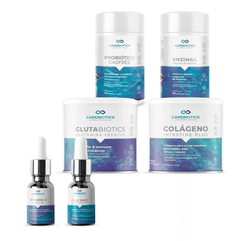 Kit do Intestino Feliz Carebiotics: Probiótico Gasfree, Enzimax, Glutabiotics, Colágeno Intestine Plus, Vitamina D + K2 + A e Gold Shot